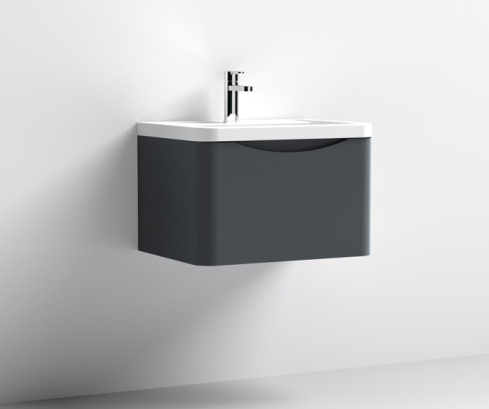 Nuie Lunar Satin Anthracite 600mm Wall Hung 1 Drawer Vanity Unit & Polymarble Basin